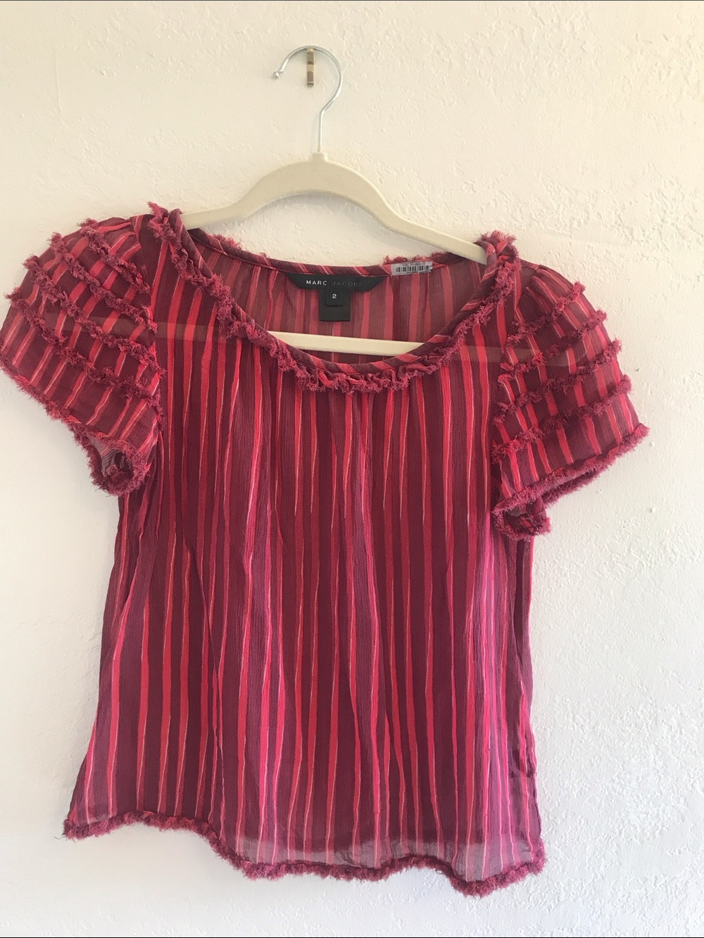 Marc Jacobs Crimson Red Short Sleeve Fringed Blouse